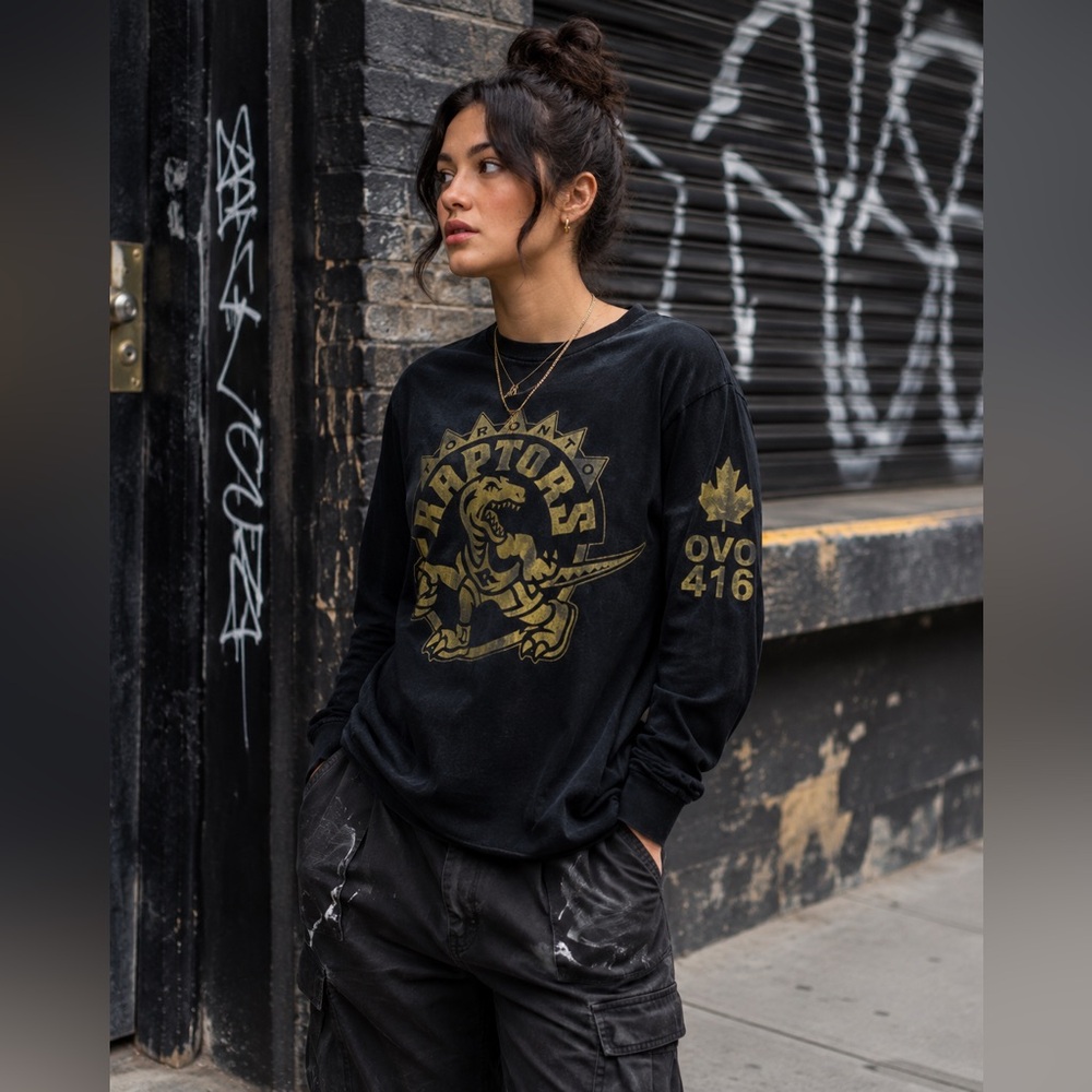 OVO Toronto Raptors 2014 Drake Night Shirt Womens L Black Gold 416 Long Sleeve